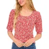 Cece Women's Printed Shirred Scoop-neck 3/4-sleeve Knit Top In Multi