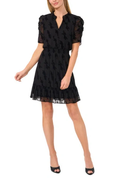 Cece Keyhole Puff Sleeve Smocked Waist Minidress In Rich Black
