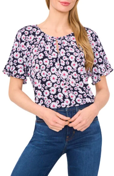 Cece Keyhole Ruffle Top In Classic Navy