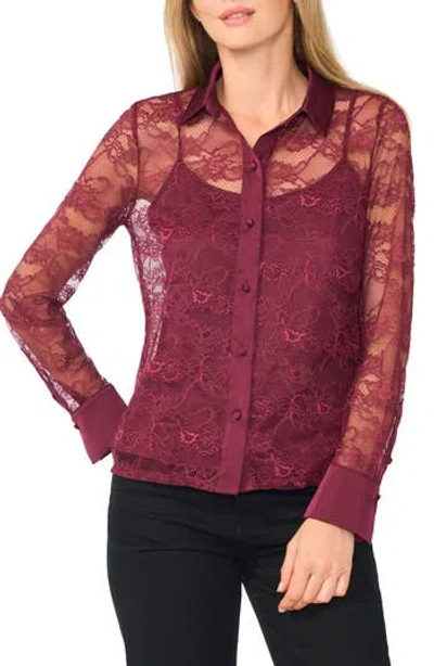 Cece Lace Button Down Shirt With Satin Trim In Burgundy