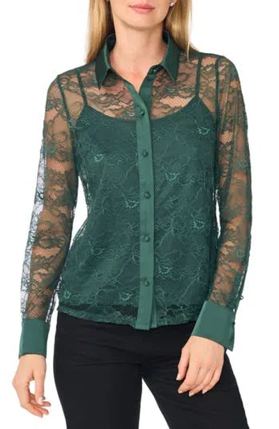 Cece Lace Button Down Shirt With Satin Trim In Green