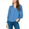 Cece Lace Cuffed Button-front Top In Blue