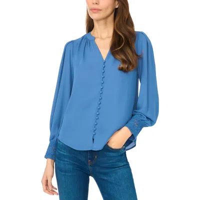 Cece Lace Cuffed Button-front Top In Blue