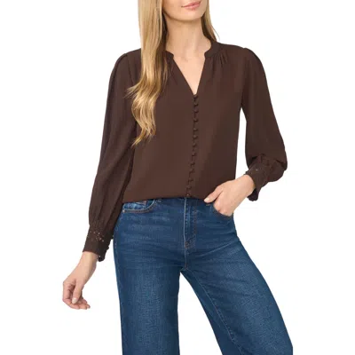 Cece Lace Cuffed Button-front Top In Brown