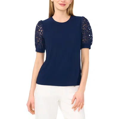 Cece Lace Puff Sleeve Knit Top In Blue