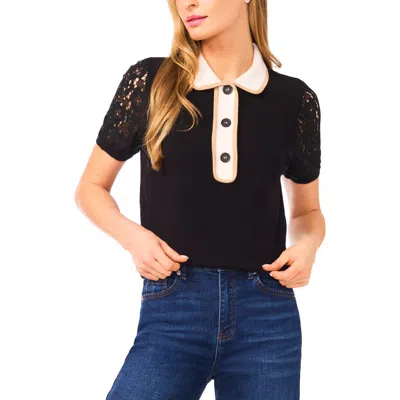 Cece Lace Sleeve Polo Sweater In Blue