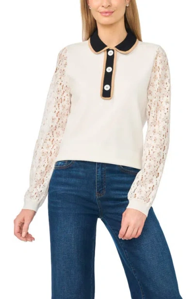 Cece Lace Sleeve Polo Sweater In Multi