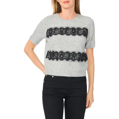 Cece Lace Stripe Short Sleeve Sweater In Light Heather Grey