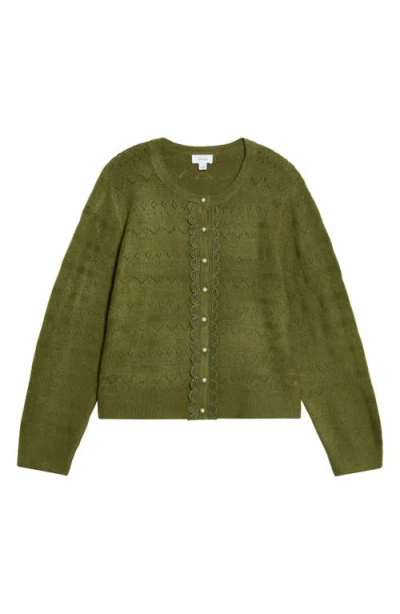 Cece Lace Trim Pointelle Knit Cardigan In Green