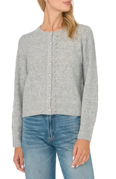 Cece Lace Trim Pointelle Knit Cardigan In Gray