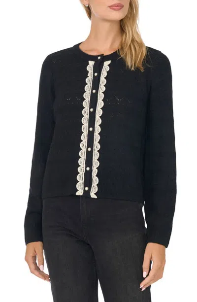 Cece Lace Trim Pointelle Knit Cardigan In Black