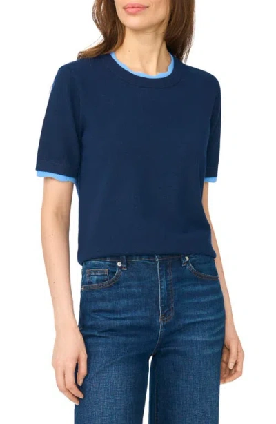 Cece Lace Trim Short Sleeve Crewneck Sweater In Blue