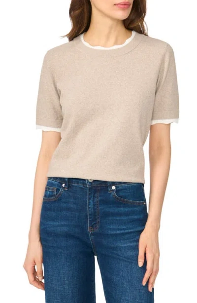Cece Lace Trim Short Sleeve Crewneck Sweater In Neutral