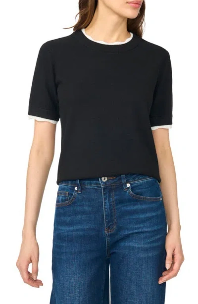 Cece Lace Trim Short Sleeve Crewneck Sweater In Black