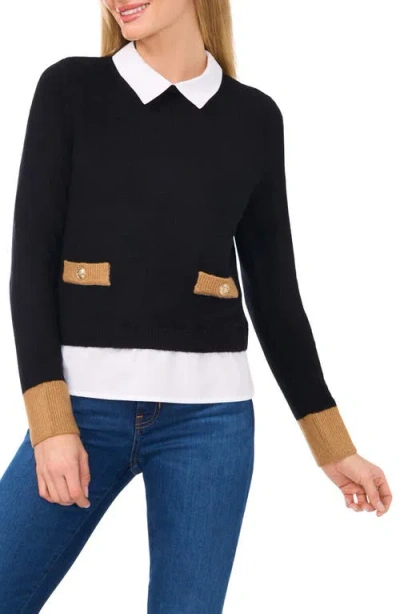 Cece Layered Look Faux Pocket Sweater In Rich Black