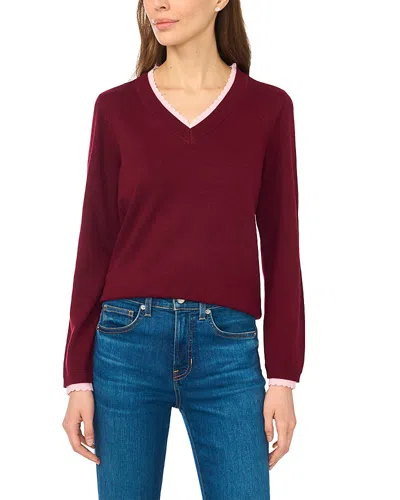 Cece Layered Scallop Trim V Neck Sweater In Burgundy