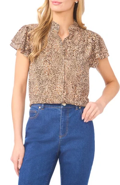Cece Leopard Print Chiffon Button-up Shirt In Brown
