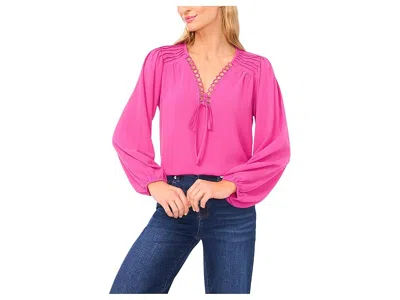Cece Long Sleeve Circular Trim Pintuck Top In Pink