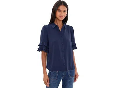 Cece Long Sleeve Collared Blouse W/ Ruffle Hem Women's Clothing Classic Navy: Sm, Spandex/polyester In Multi