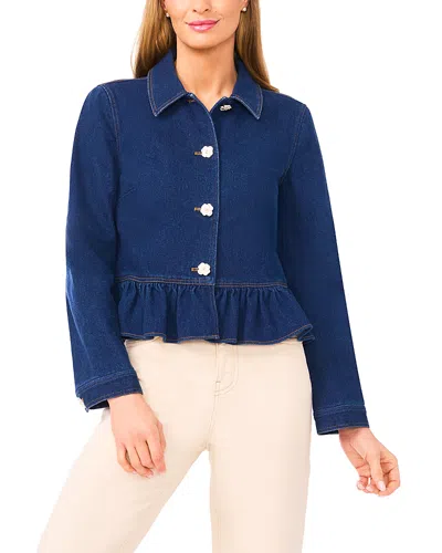 Cece Long Sleeve Collared Peplum Denim Jacket In Blue