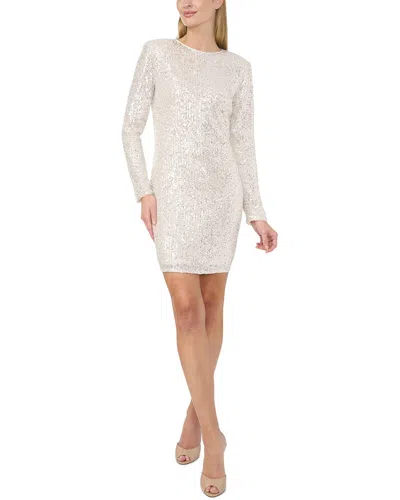 Cece Long Sleeve Fitted Crew Neck Boxy Shoulder Dress In Beige