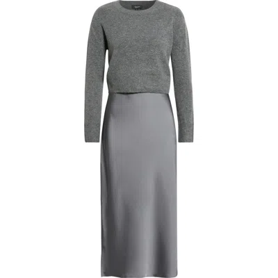 Cece Long Sleeve Mixed Media Midi Dress In Salt N Pepper
