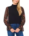 Cece Floral Sleeve Mock Neck Knit Top In Black