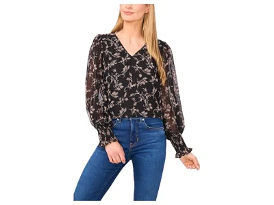 Cece Long Sleeve Smocked Cuff Clip Dot Top In Black
