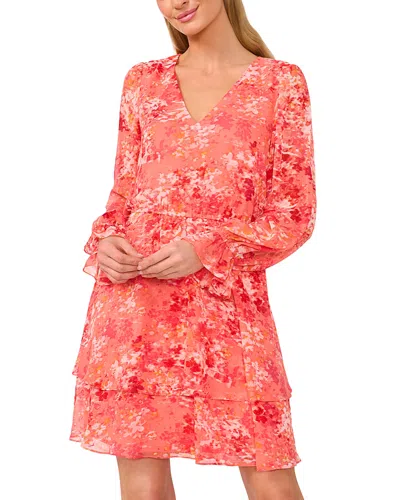 Cece Long Sleeve Tiered Short Dress In Red
