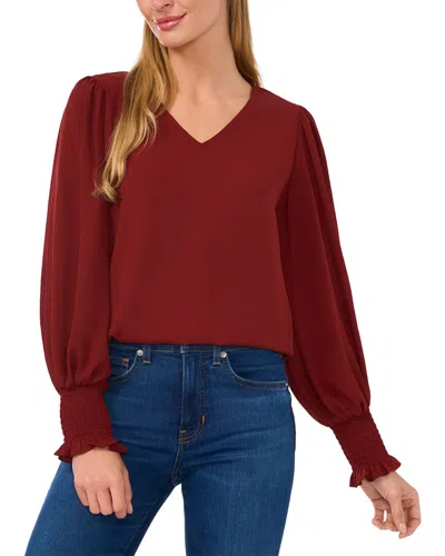 Cece Long Sleeve V-neck Blouse With Smocking Cuff In Red