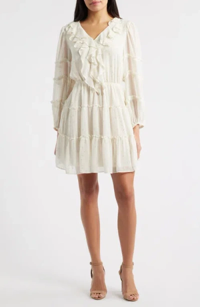 Cece Metallic Dot Long Sleeve Ruffle Dress In White