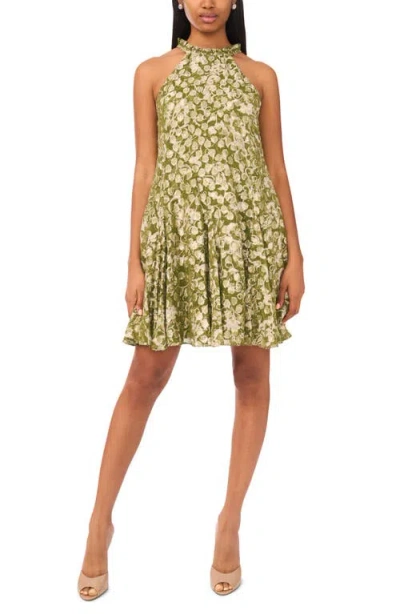 Cece Metallic Leaf Print Dress In Green