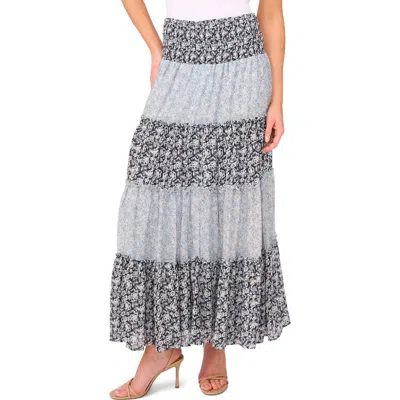 Cece Mix Print Tiered Maxi Skirt In Black