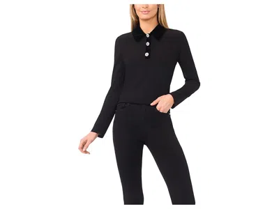 Cece Mixed Media 1/2 Placket Collared Knit In Black