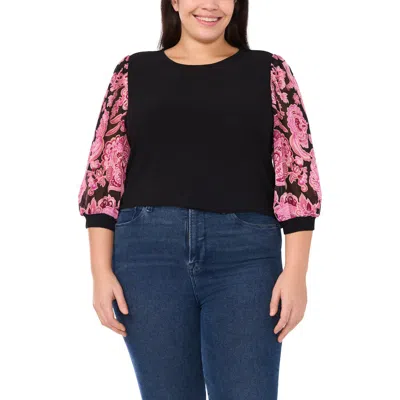 Cece Mixed Media Crepe Top In Rich Black