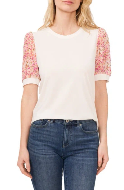 Cece Mixed Media Floral Sleeve Top In New Ivory