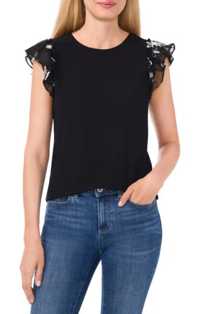 Cece Mixed Media Flutter Sleeve Knit Top In Rich Black
