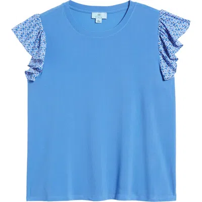 Cece Mixed Media Flutter Sleeve Knit Top In Tropic Night Blue