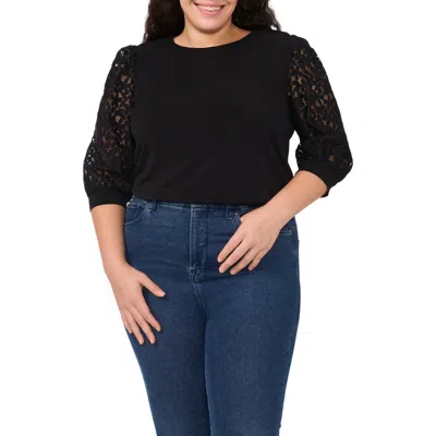 Cece Mixed Media Lace Sleeve Knit Top In Rich Black