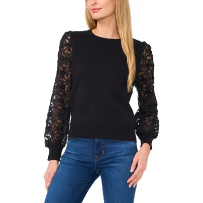 Cece Mixed Media Lace Sleeve Sweater In Rich Black