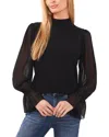 Cece Sheer Sleeve Mock Neck Mixed Media Top In Black