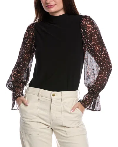 Cece Mixed Media Mock Neck Top In Black