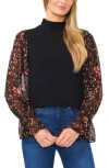 Cece Floral Sleeve Mock Neck Knit Top In Rich Black