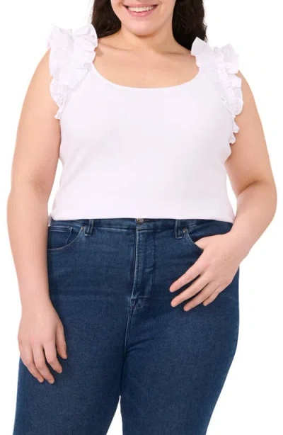 Cece Mixed Media Stretch Cotton Top In Ultra White