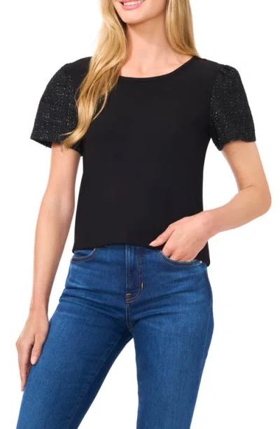 Cece Mixed Media Tweed Sleeve Top In Black