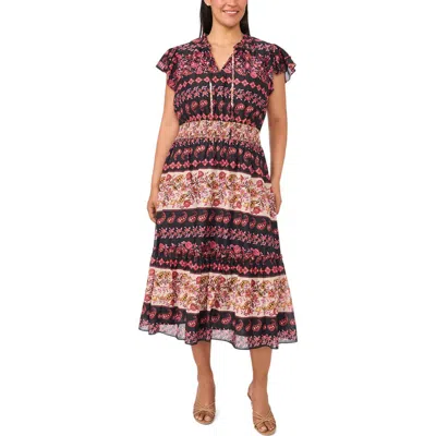 CECE CECE MIXED PRINT TIE NECK DRESS