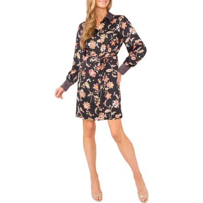 CECE CECE MIXED PRINT TIE WAIST LONG SLEEVE SHIRTDRESS