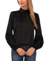 Cece Mock Neck Blouson Sleeve Satin Top In Black