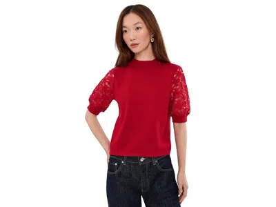 Cece Mock Neck Short Sleeve Sweater With Floral Sleeve Women's Sweater Wild Crimson: Sm, Polyester In Purple