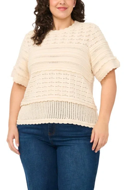 Cece Multi Stitch Pointelle Knit Cotton Sweater In Neutral